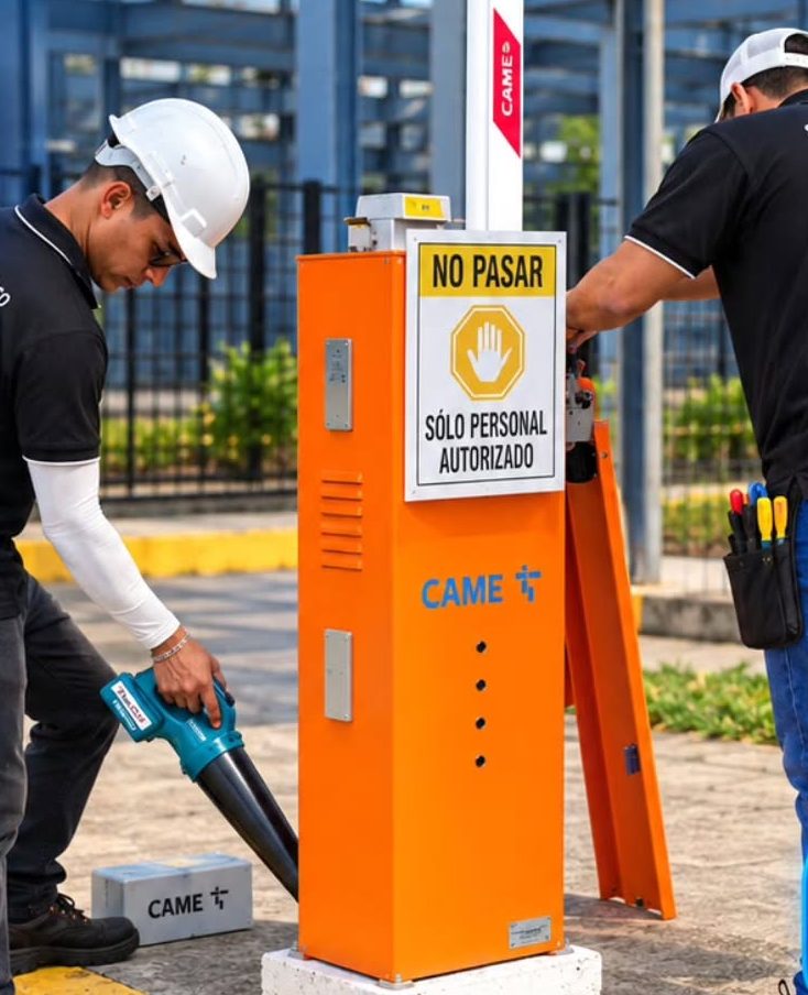 Dos técnicos dando mantenimiento a una barrera vehicular