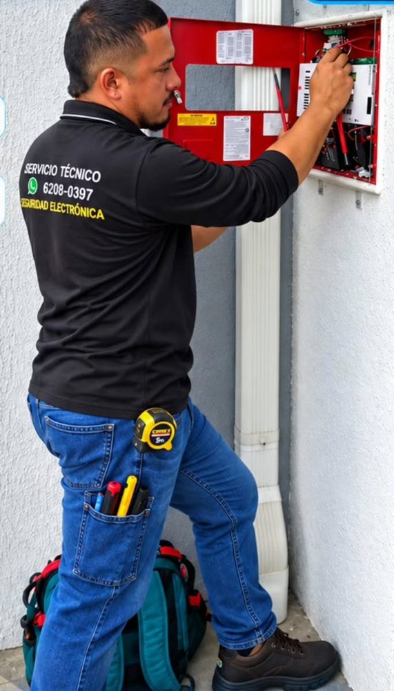 Técnico revisando un panel de alarma